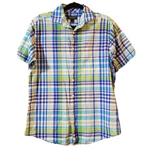 John Bartlett Mens Shirt Size S Blue Green Plaid Short Sleeve Button Down